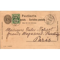 Carte précurseur suisse 1899 entier postal Vevey Paris Jules Jaluzot Grands Magasins du Printemps