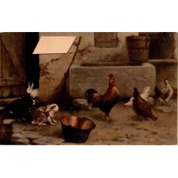Carte postale ancienne CPA reproduction artistique scène de basse-cour avec coq, poules et lapins