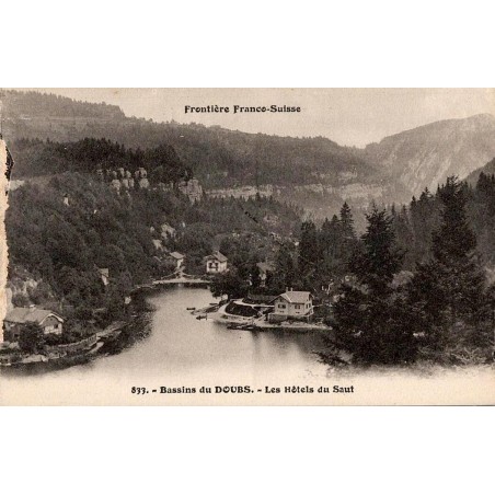 Carte postale ancienne des bassins du Doubs et des hôtels du Saut à la frontière franco-suisse