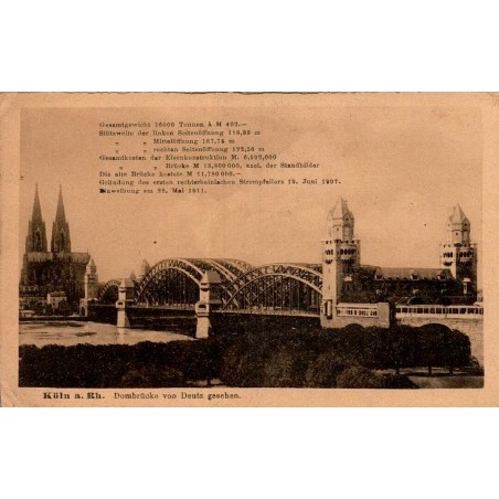 Köln Dombrücke Vue depuis Deutz Allemagne Carte Postale Ancienne CPA Pont de la Cathédrale
