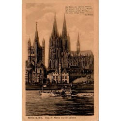 Carte postale ancienne de Cologne avec la cathédrale, Groß St. Martin et le Rhin illustrée d'un poème de Heinrich Heine