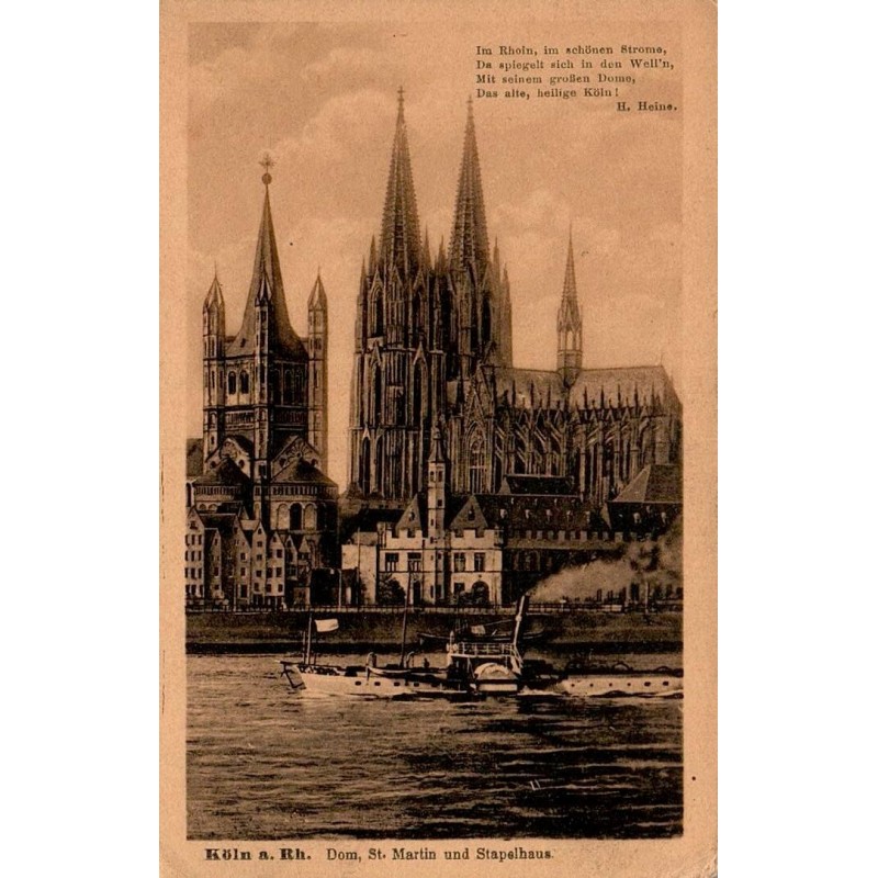 Carte postale ancienne de Cologne avec la cathédrale, Groß St. Martin et le Rhin illustrée d'un poème de Heinrich Heine
