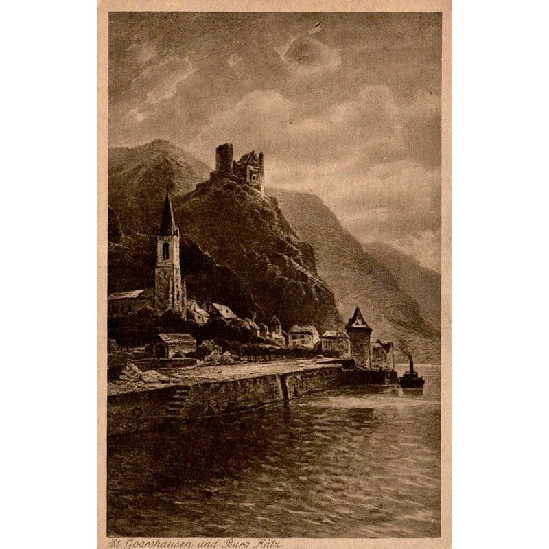 Carte postale ancienne de St. Goarshausen avec le château Burg Katz dominant les rives du Rhin en Allemagne.
