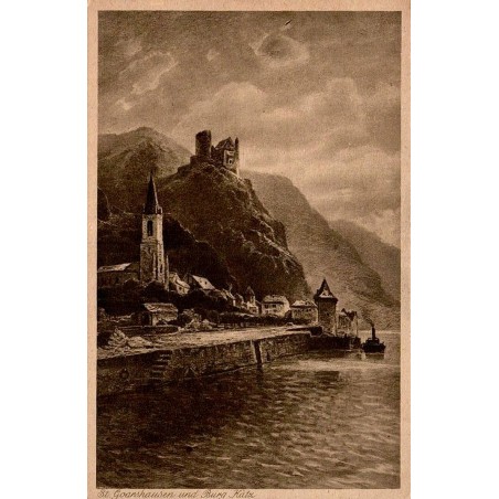Carte postale ancienne de St. Goarshausen avec le château Burg Katz dominant les rives du Rhin en Allemagne.