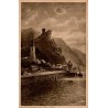 Carte postale ancienne de St. Goarshausen avec le château Burg Katz dominant les rives du Rhin en Allemagne.