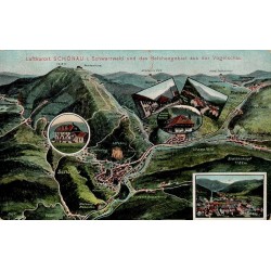 Carte postale semi-moderne illustrée de Schönau im Schwarzwald montrant le Belchengebiet en vue aérienne avec carte panoramique.