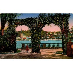 Carte postale ancienne de Coblence montrant les Rheinanlagen avec vue sur Pfaffendorf, circulée en 1915.