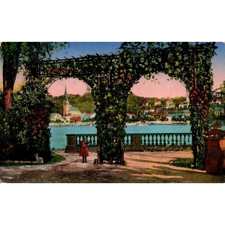 Carte postale ancienne de Coblence montrant les Rheinanlagen avec vue sur Pfaffendorf, circulée en 1915.