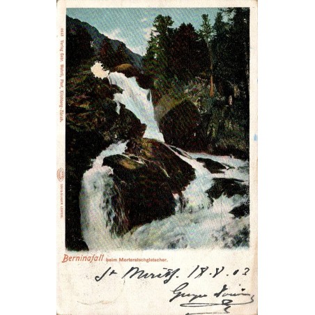 Carte postale ancienne du Berninafall près du glacier de Morteratsch en Suisse, circulée en 1903.