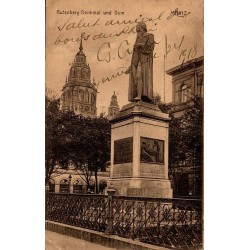 Carte postale ancienne de Mayence montrant le monument Gutenberg devant la cathédrale avec annotation manuscrite de 1918.