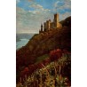 Carte postale ancienne représentant le château de Stolzenfels dominant la vallée du Rhin en Allemagne.