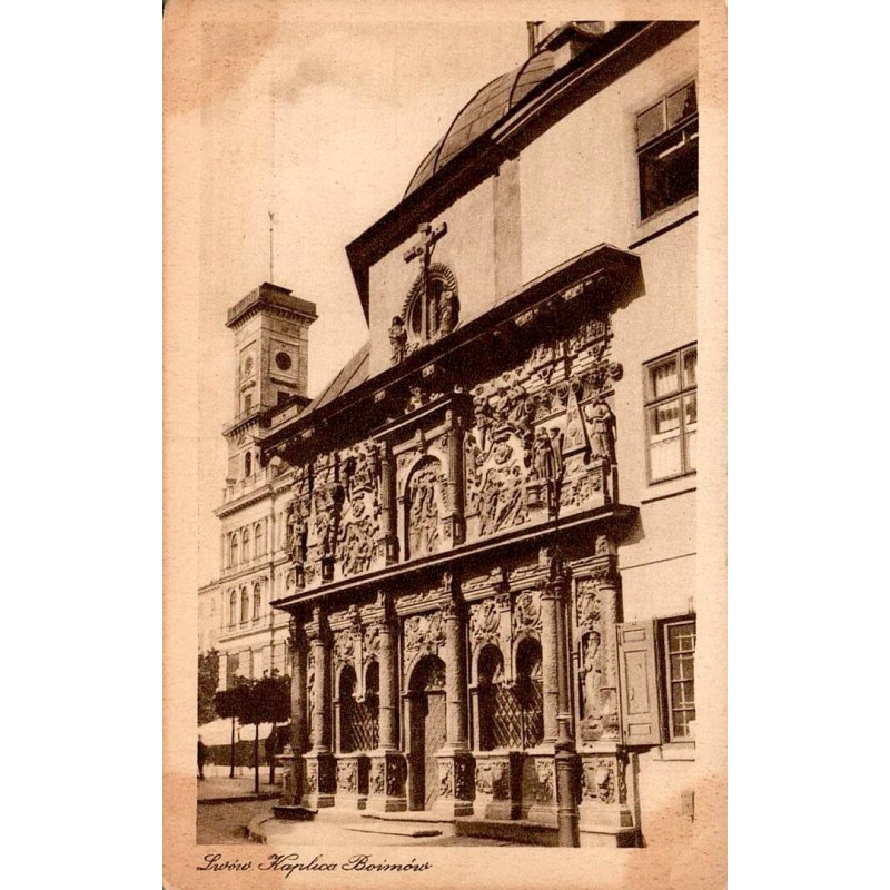Carte postale ancienne de Lwówek Śląski montrant la Chapelle du Saint-Sépulcre avec sa façade Renaissance en Pologne.