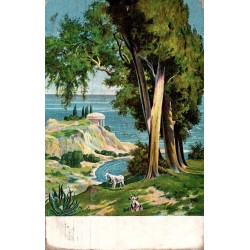 Carte postale ancienne illustrée représentant un paysage méditerranéen de Capri avec chèvres, temple et mer, circulée en 1907.