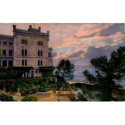 Carte postale ancienne du château de Miramare à Trieste avec vue sur la mer Adriatique, circulée en 1906.