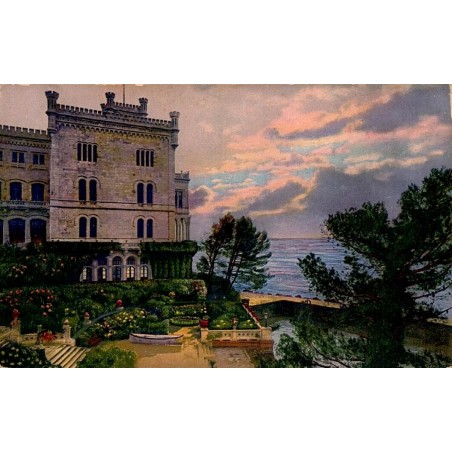 Carte postale ancienne du château de Miramare à Trieste avec vue sur la mer Adriatique, circulée en 1906.