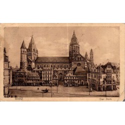 Carte postale ancienne de Mayence représentant la cathédrale Saint-Martin et la place du marché historique.