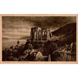 Carte postale ancienne de Bacharach montrant les ruines de la Wernerkapelle dominant la vallée du Rhin.