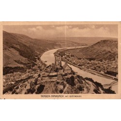 Carte postale ancienne de Traben-Trarbach montrant la Gräfenburg, la vallée de la Moselle et les vignobles.