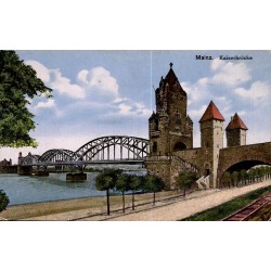 Carte postale ancienne représentant la Kaiserbrücke de Mayence, pont ferroviaire monumental franchissant le Rhin.