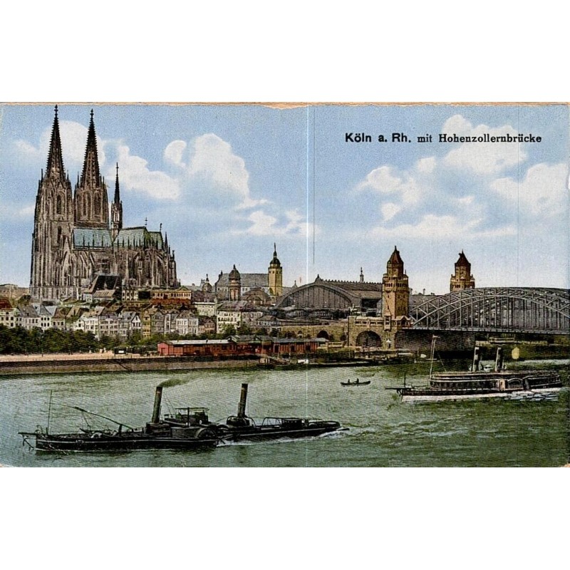 Carte postale ancienne représentant la cathédrale de Cologne et le pont Hohenzollern sur le Rhin en Allemagne.