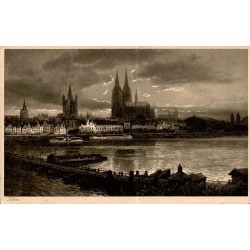 Carte postale ancienne montrant le panorama de Cologne sur le Rhin avec la cathédrale gothique et les quais.