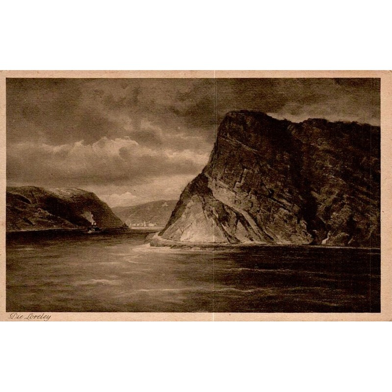 Carte postale ancienne représentant le rocher légendaire de la Lorelei sur le Rhin en Allemagne.
