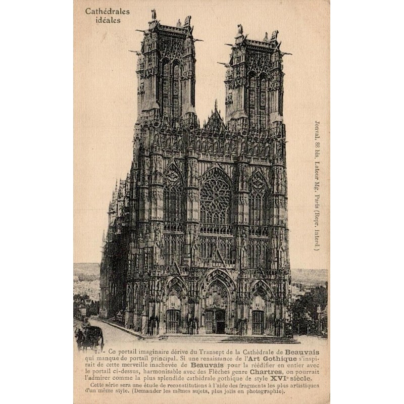 Carte postale ancienne représentant une reconstitution idéale de la cathédrale de Beauvais avec une façade gothique imaginaire.