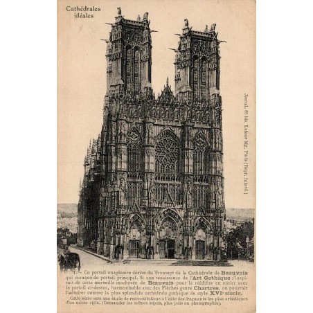 Carte postale ancienne représentant une reconstitution idéale de la cathédrale de Beauvais avec une façade gothique imaginaire.