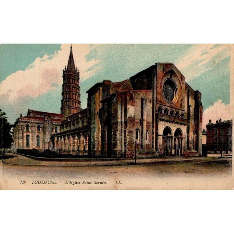 Carte postale ancienne de Toulouse, basilique Saint-Sernin en couleurs.