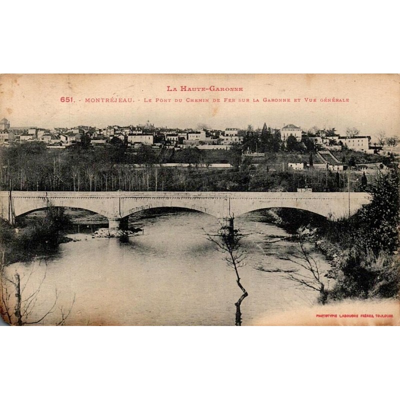 Carte postale ancienne de Montréjeau, pont du chemin de fer sur la Garonne.