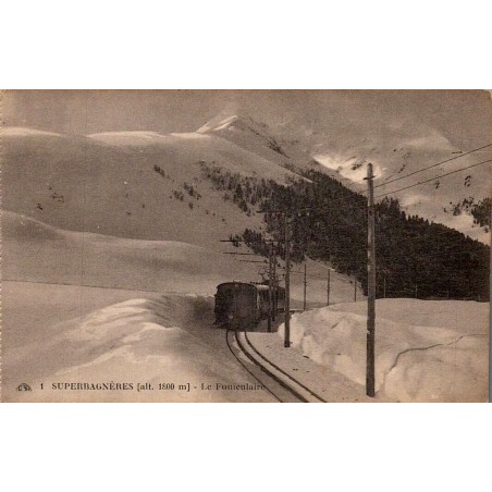 Carte postale ancienne de Superbagnères montrant le funiculaire dans un paysage enneigé au début du XXᵉ siècle.