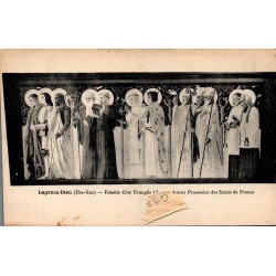 Carte postale ancienne du retable de la Procession des Saints de France à Lagrâce-Dieu.