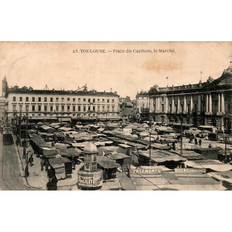 Carte postale ancienne du marché de la place du Capitole à Toulouse au début du XXᵉ siècle.