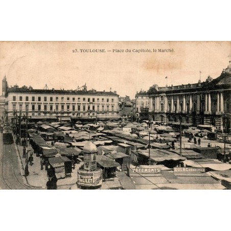 Carte postale ancienne du marché de la place du Capitole à Toulouse au début du XXᵉ siècle.