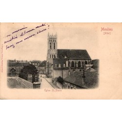 Carte postale ancienne de l'église Saint-Pierre de Moulins avec timbre et oblitérations de 1903.