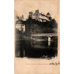 Carte postale ancienne du château de Rochefort près de Gannat dominant la Sioule et son pont métallique.