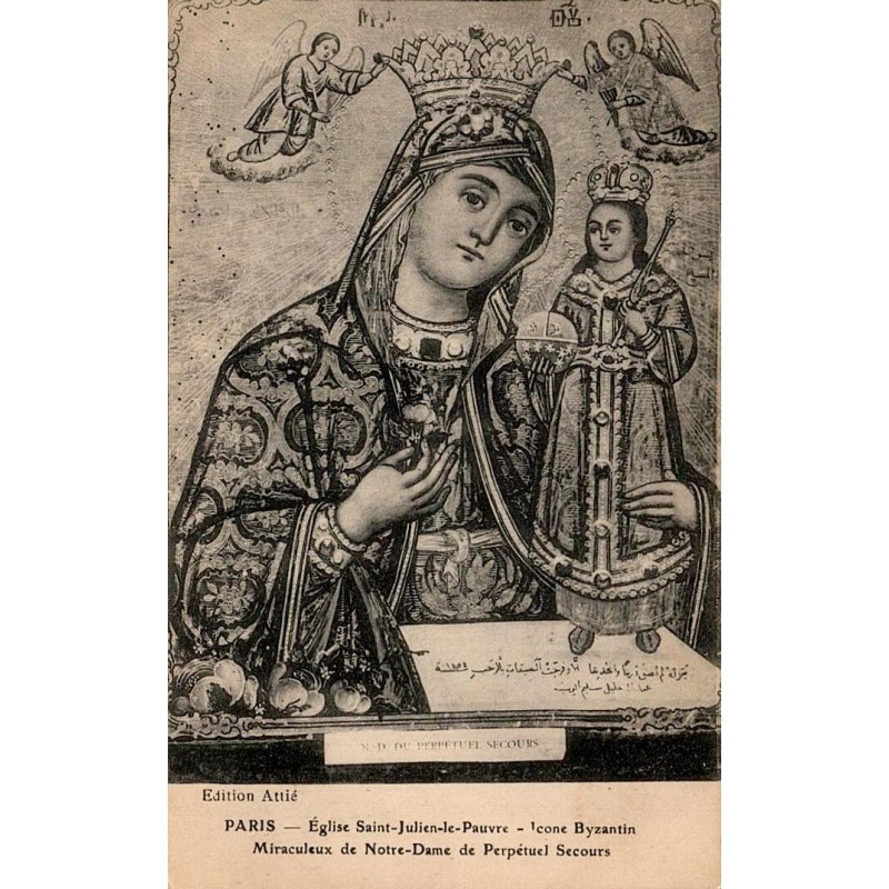 CPA représentant l'icône byzantine de Notre-Dame du Perpétuel Secours à l'église Saint-Julien-le-Pauvre à Paris.