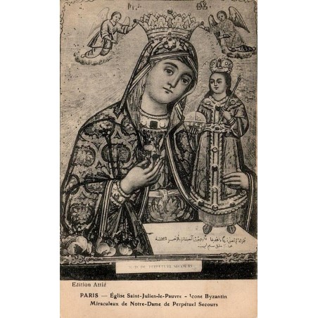CPA représentant l'icône byzantine de Notre-Dame du Perpétuel Secours à l'église Saint-Julien-le-Pauvre à Paris.