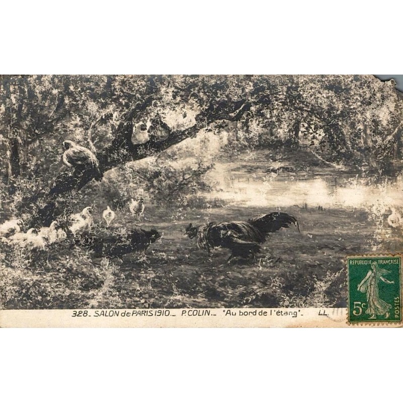 Carte postale Salon de Paris 1910 représentant l'œuvre Au bord de l'étang de P. Colin, éditée par LL.