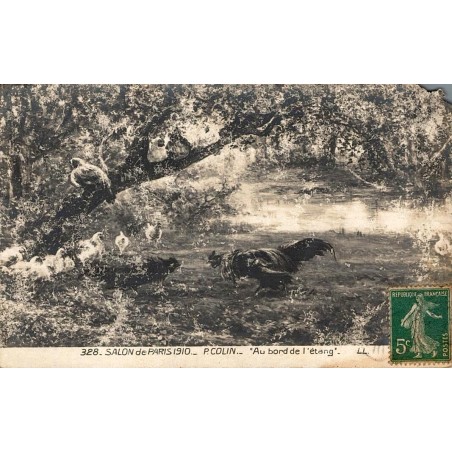 Carte postale Salon de Paris 1910 représentant l'œuvre Au bord de l'étang de P. Colin, éditée par LL.