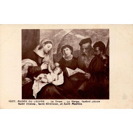 Carte postale ancienne du musée du Louvre représentant La Vierge et l'Enfant Jésus par Le Titien