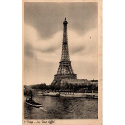Carte postale ancienne de la tour Eiffel vue depuis la Seine, voyagée lors de l'Exposition de Paris en 1937