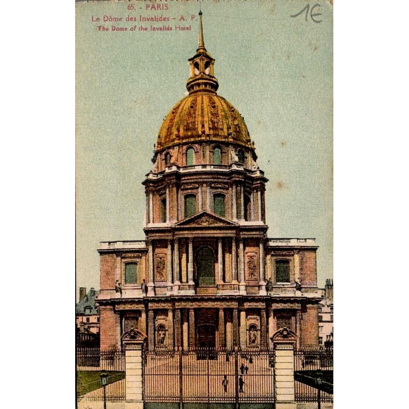 Carte postale ancienne du Dôme des Invalides à Paris montrant la façade principale et la coupole dorée