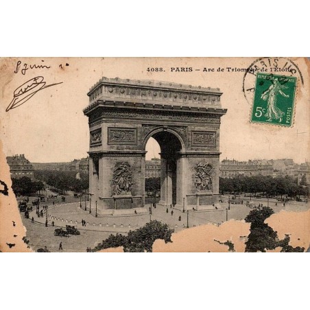 Carte postale ancienne de l'Arc de Triomphe de l'Étoile à Paris avec timbre Semeuse de 5 centimes