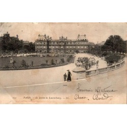 Carte postale ancienne du jardin du Luxembourg à Paris avec le palais du Luxembourg, voyagée en 1904