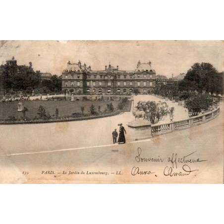 Carte postale ancienne du jardin du Luxembourg à Paris avec le palais du Luxembourg, voyagée en 1904
