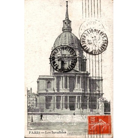 Carte postale ancienne des Invalides à Paris avec le dôme, timbre Semeuse et oblitération de 1920