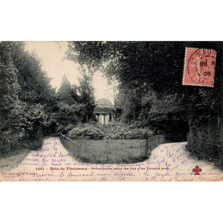 Carte postale ancienne du Temple grec au Bois de Vincennes, promenade dans les îles, voyagée en 1908