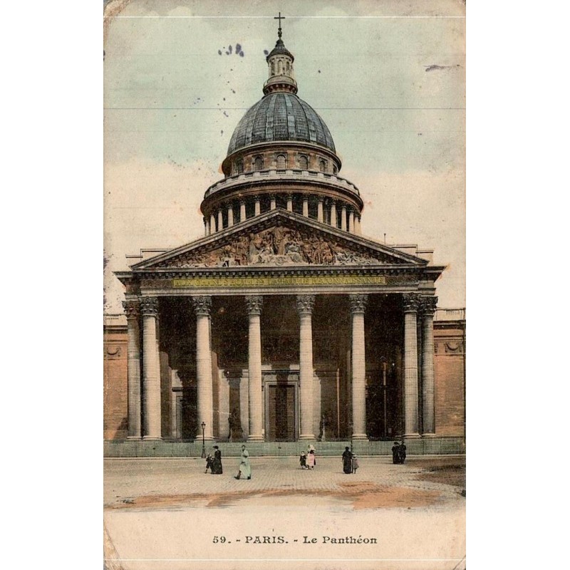 Carte postale ancienne du Panthéon de Paris avec façade monumentale colorisée, voyagée en 1906.