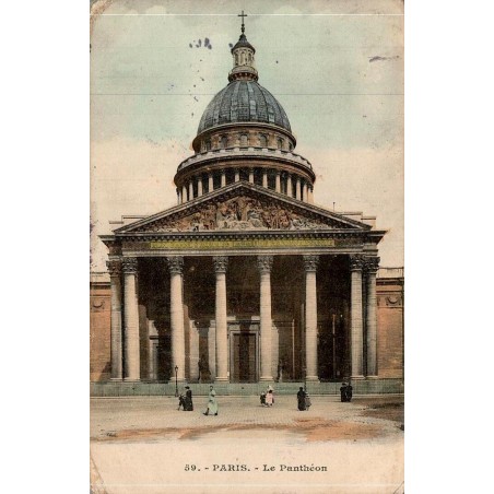 Carte postale ancienne du Panthéon de Paris avec façade monumentale colorisée, voyagée en 1906.